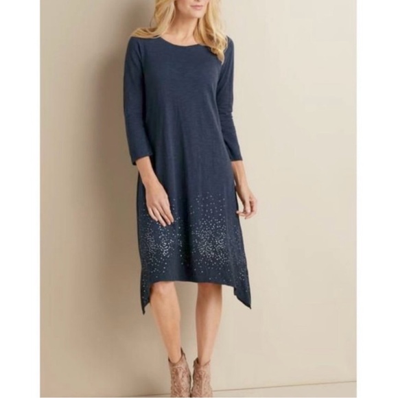 Soft Surroundings Starlight Shift Sequin Midi Dress 3/4 Sleeve Dark Olive Grey M - Picture 9 of 16